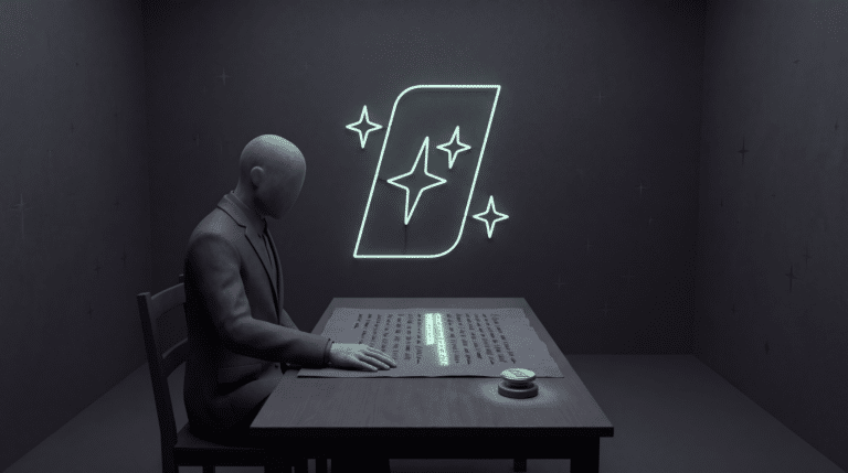 A faceless figure at a desk with a page of text where one line glows pale mint, and the First Movers mark in neon above