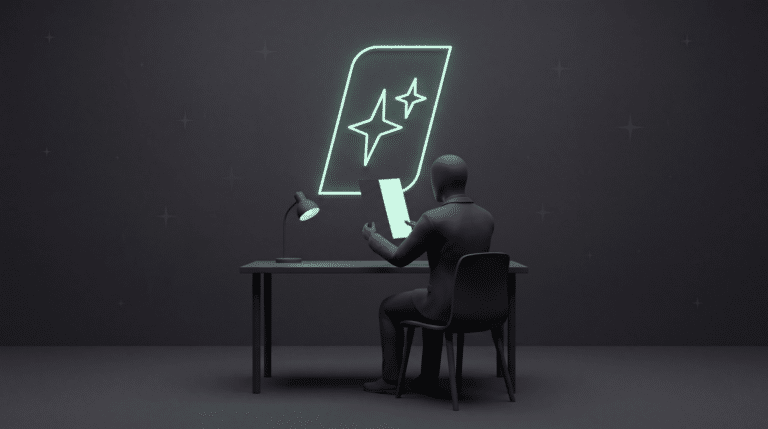 A faceless figure holding a sheet of paper up to a lamp, the sheet half charcoal and half pale mint, with the First Movers mark glowing above