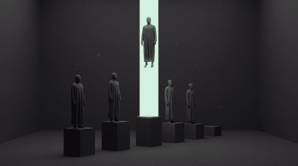 Faceless figure rising from the lowest of five podium blocks on a column of pale mint light above the tallest block
