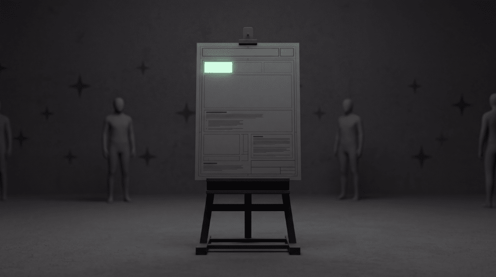 Page blueprint on a drafting easel with one compact answer block glowing pale mint directly beneath the heading bar