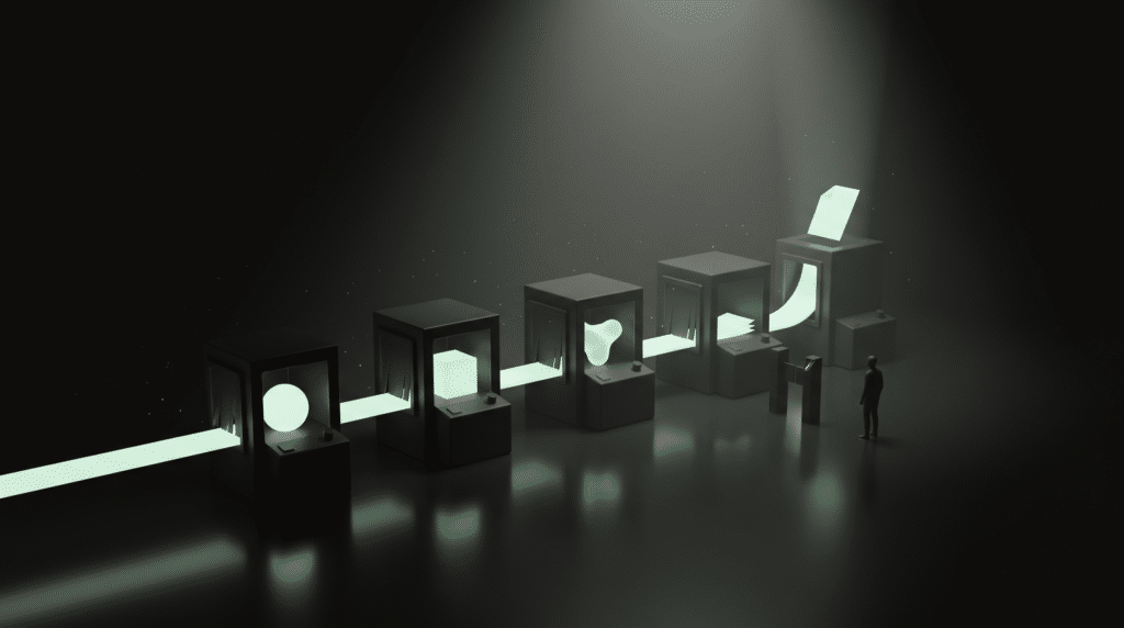 five stations passing glowing work along a content pipeline from orb to finished page, a small figure at the checkpoint