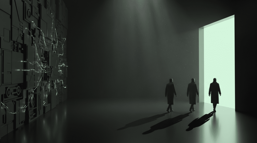 three figures walking toward a lit doorway while a wall of connected ai workflows keeps running behind them