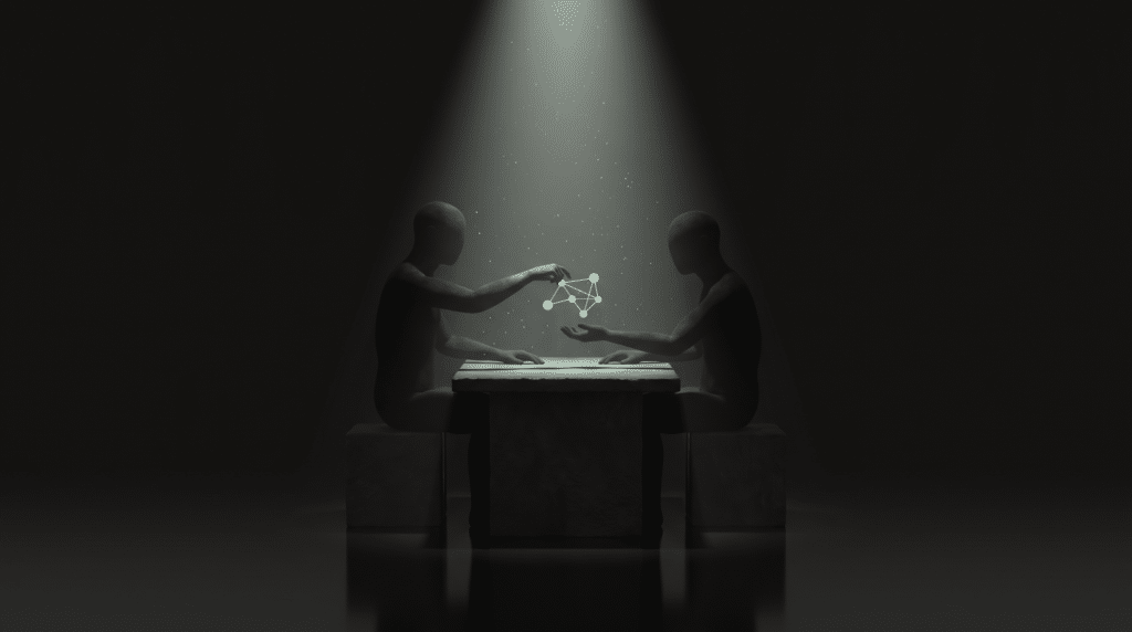 glowing ai workflow system map handed between two figures across a table under a single beam of light