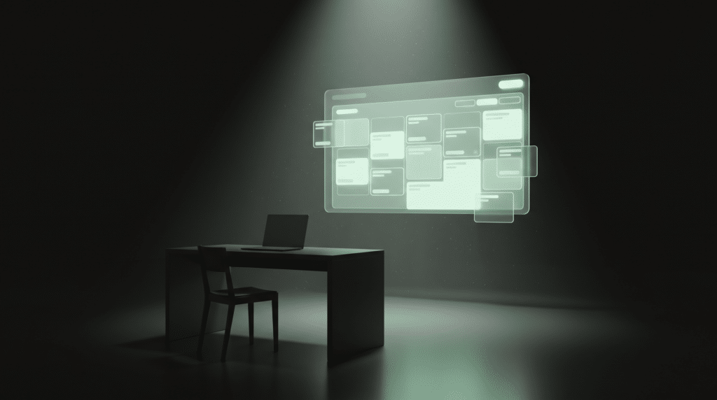 glowing dashboard filling with appointment tiles above an empty desk and closed laptop, ai workflow automation at work