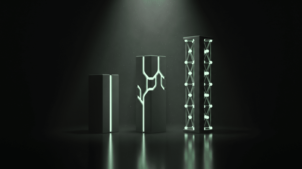 three ai workflow tools as dark monoliths, a single glow seam, branching channels, and an exposed glowing lattice
