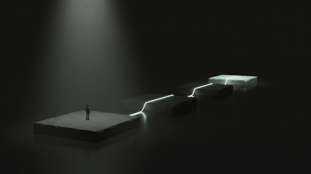 figure on the first of four stone platforms joined by a glowing path, the steps to connect ai tools into workflows