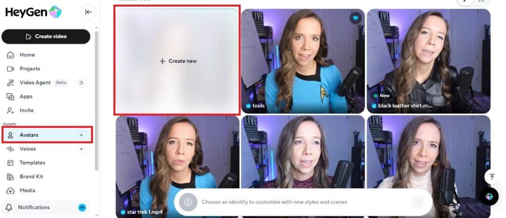 The HeyGen Avatars screen with Create new highlighted, the first step to create an AI clone of yourself