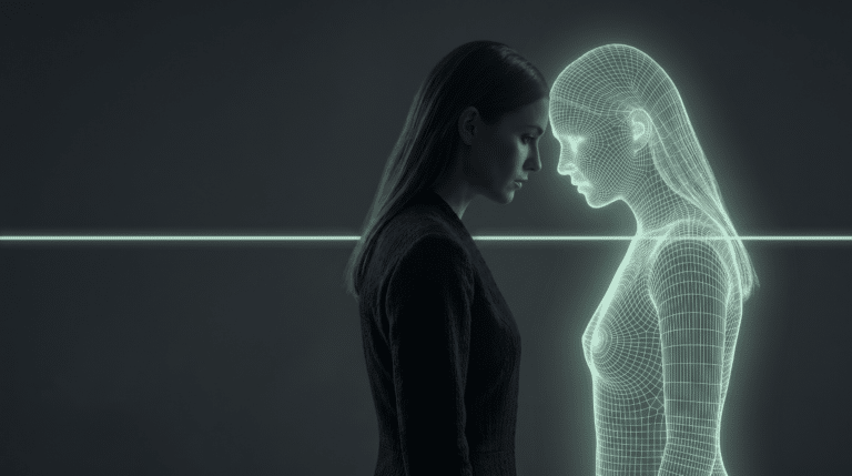 Side by side comparison of Julia McCoy and her digital clone