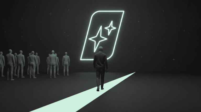 A lone figure walks a glowing mint path toward the First Movers mark while a crowd stands still behind him, an illustration of first mover advantage.