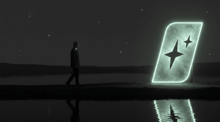 A faceless figure walking beside a dark river at dawn with a small mint light at the collar where a notetaker sits, and the First Movers mark standing on the bank in neon mint, its two four-pointed stars reflected in the water, the morning walk that runs an AI marketing consultant’s business