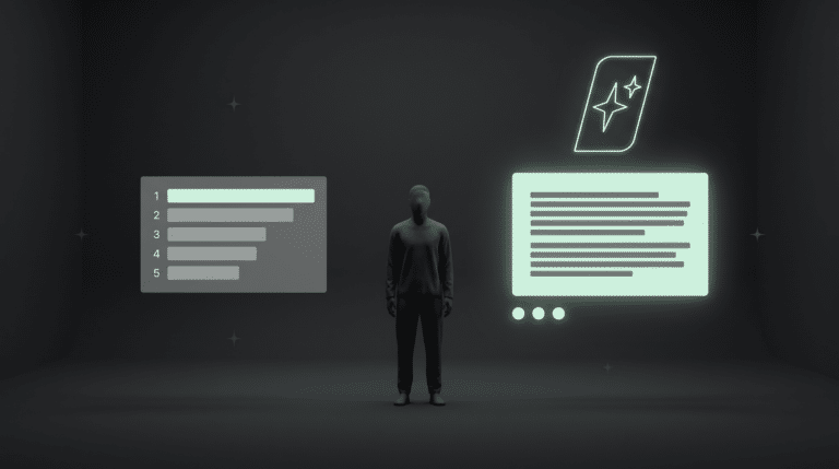 A faceless figure between a ranked search results panel and a glowing AI answer panel with mint citation dots.