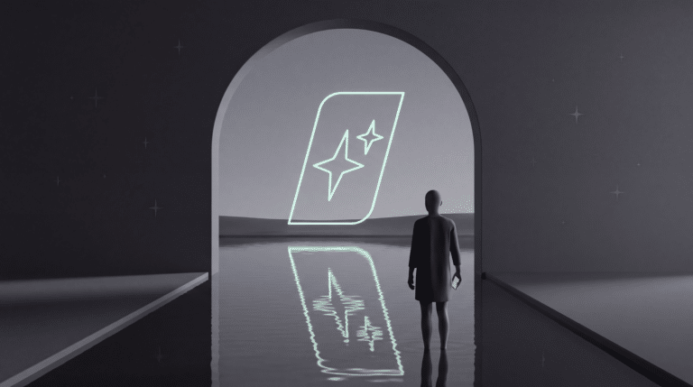 Faceless figure ankle-deep in a river at dawn with the First Movers mark glowing across the water, AI marketing automation