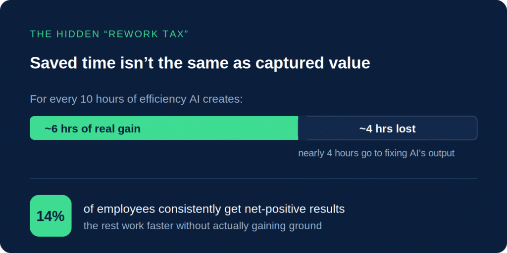 For every 10 hours of efficiency AI creates, nearly 4 hours are lost to fixing its output — and only 14% of employees consistently get net-positive results.
