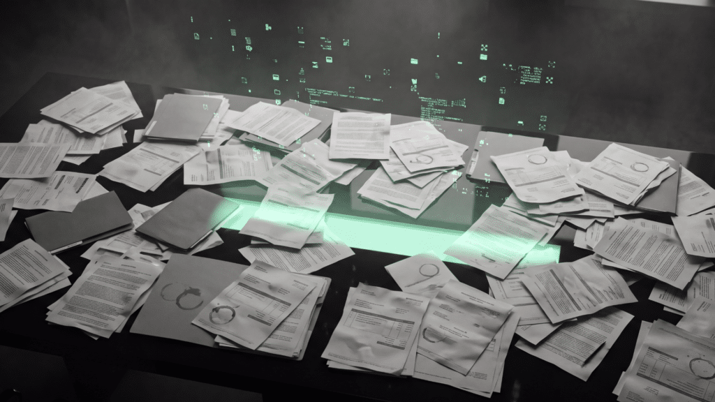 Desk buried in scattered paper invoices scanned by green light, showing the messy records AI cannot use