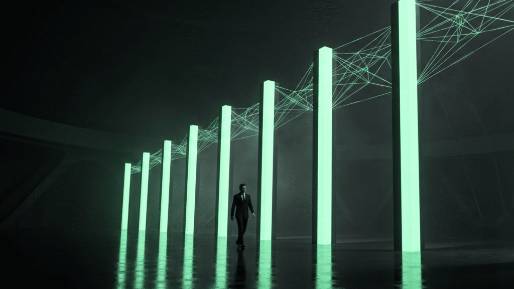 Eight rising green pillars marking each week of AI implementation for small businesses, man walking alongside