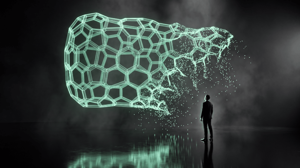 Green wireframe structure half built and half dissolving, illustrating why most AI projects fail to deliver