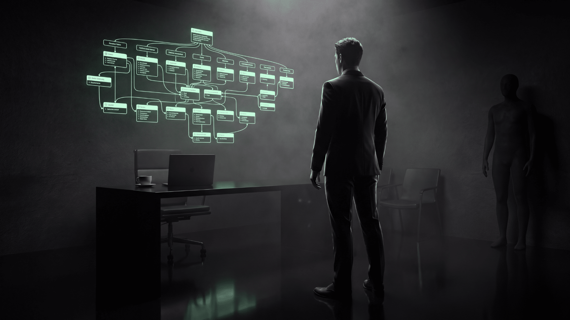 Business owner reviewing a glowing green AI workflow map in a dark office, AI consulting for small business