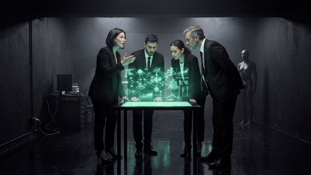 AI consultant for small business teaching four team members around a glowing green holographic display