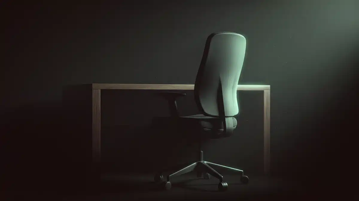 An empty office chair pulled up to a bare desk in a darkened room