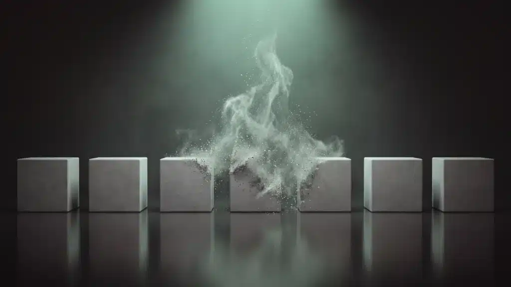 A row of concrete cubes with one in the middle dissolving into dust