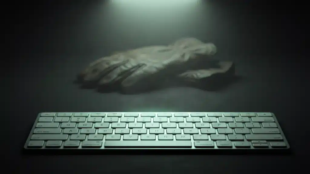 A work glove lying across a computer keyboard