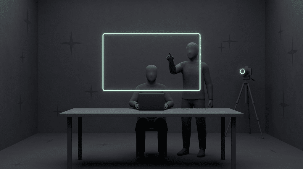 Two faceless figures at a long plain table in a charcoal void, one seated and one standing and pointing at a floating pale mint screen, with a camera on a tripod glowing faintly behind them