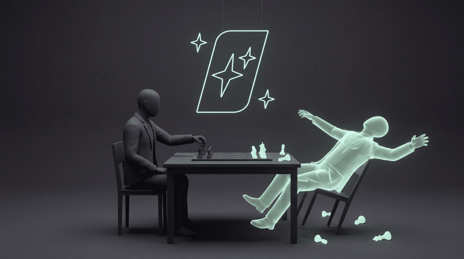 A faceless charcoal figure in a suit moving a chess piece across a dark table, a second figure of pale mint light flung backward in its chair, and a neon sparkle panel hanging above