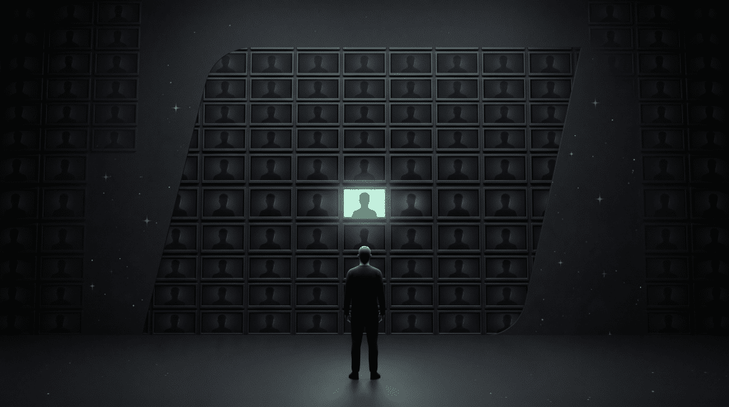 A faceless figure with its back to the viewer facing a wall of hundreds of small dark screens, each showing the same faint silhouette, with one screen near the center lit pale mint