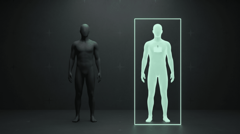 A faceless charcoal figure and a second figure made of pale mint light standing side by side, the mint one framed by a tall outline and wearing a blank ID badge
