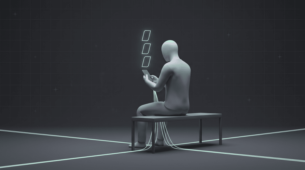 A faceless figure seated in a charcoal void holding a phone, three small pale mint cards floating above the screen and five thin mint lines running from the floor into the phone