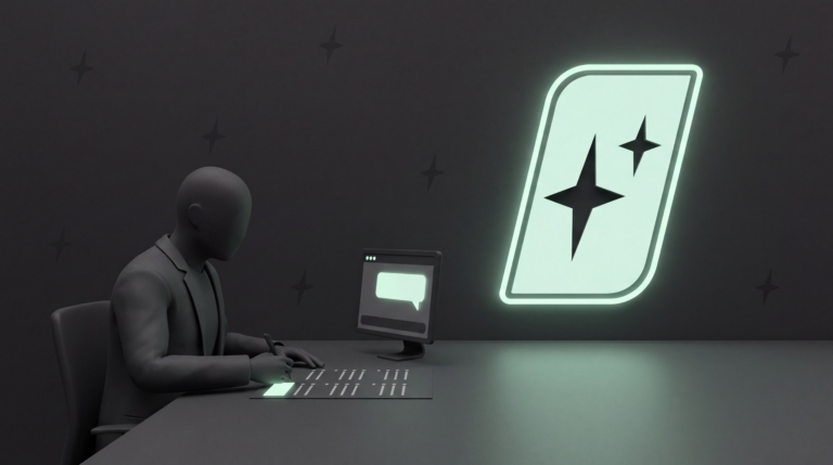 A faceless business owner at a desk scoring a printed 24-question AI readiness assessment, a chatbot screen on the desk showing one pale mint chat bubble, the First Movers mark lit in mint neon behind.