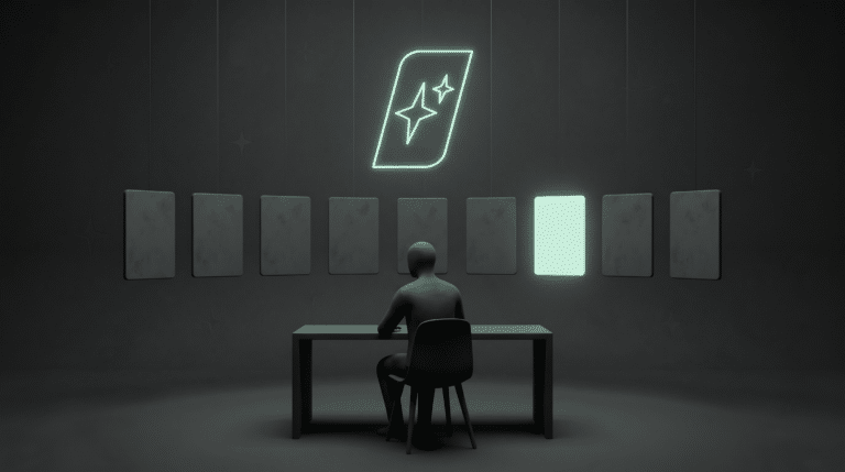 A faceless figure at a desk choosing between nine floating tiles, one lit in pale mint