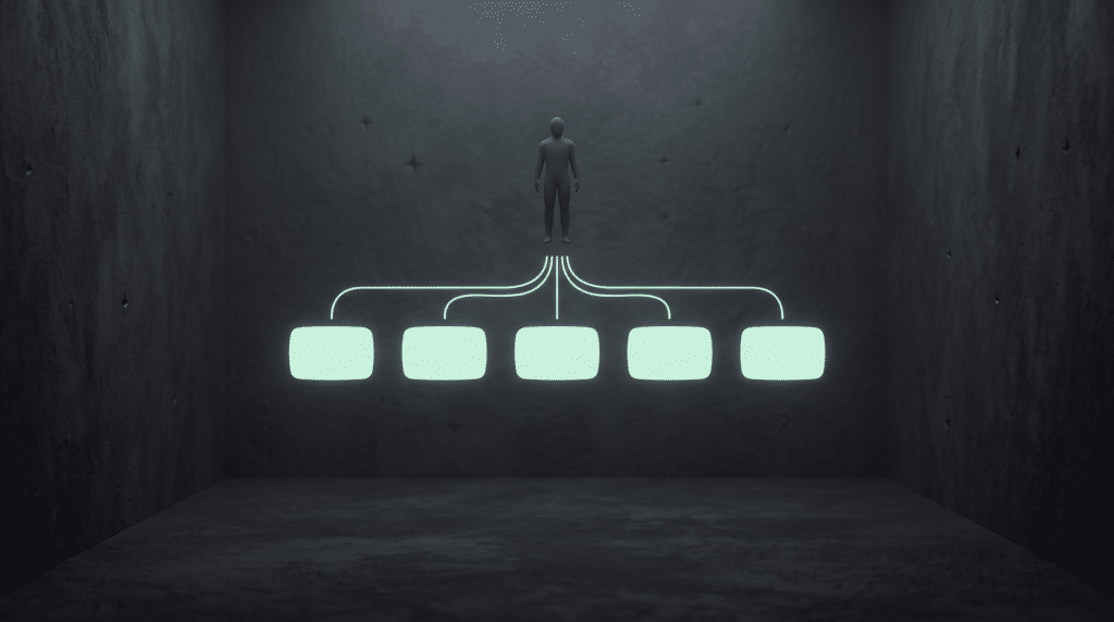 A charcoal org chart with one human silhouette at the top and five pale mint nodes below it, each joined to the human with a thin line