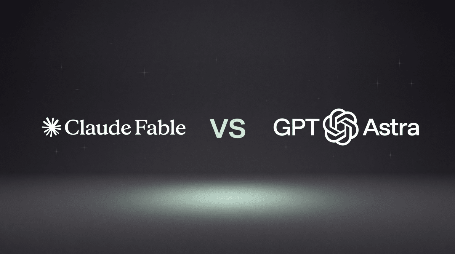 Claude Fable logo on the left and GPT Astra logo on the right, facing each other across a charcoal room