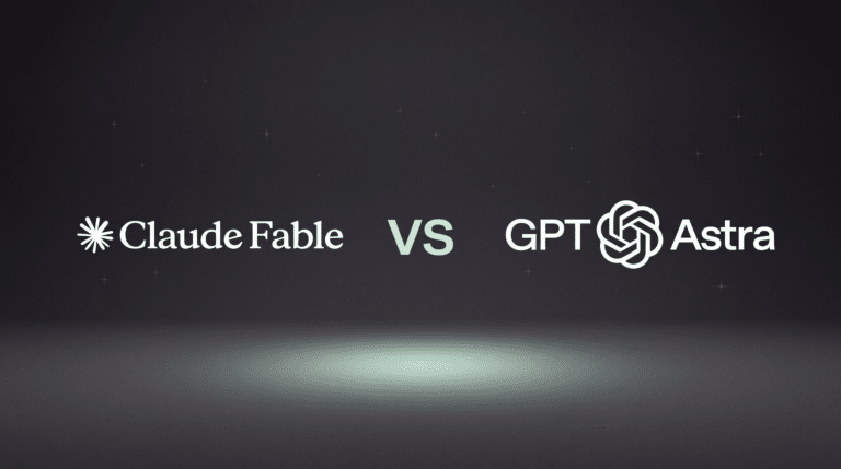 Claude Fable logo on the left and GPT Astra logo on the right, facing each other across a charcoal room