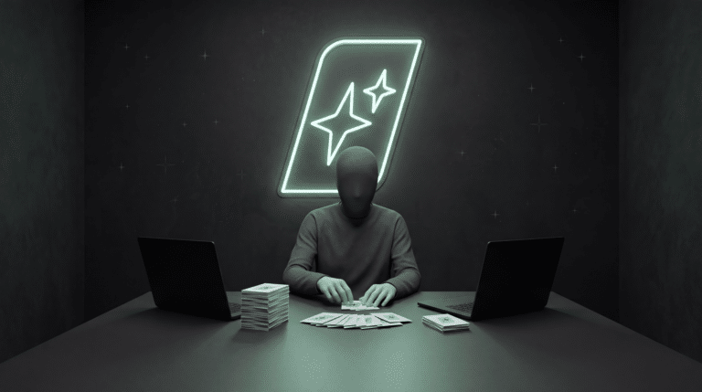 A faceless figure sorting 30 marketing task cards into piles between two open laptops, the Claude vs ChatGPT picks for marketing, under the First Movers mark