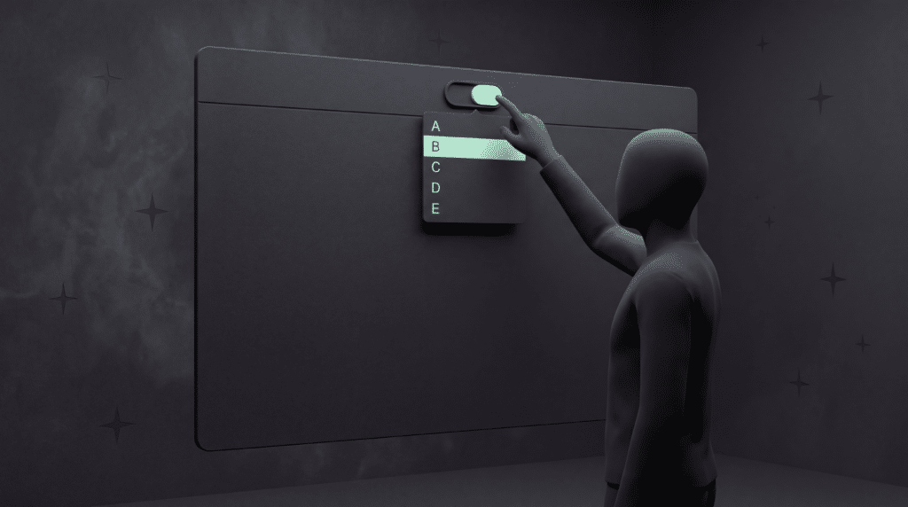 A faceless figure’s hand flipping a two-position toggle at the top of a floating chat window from the left position to the right, with a model picker list open beneath it