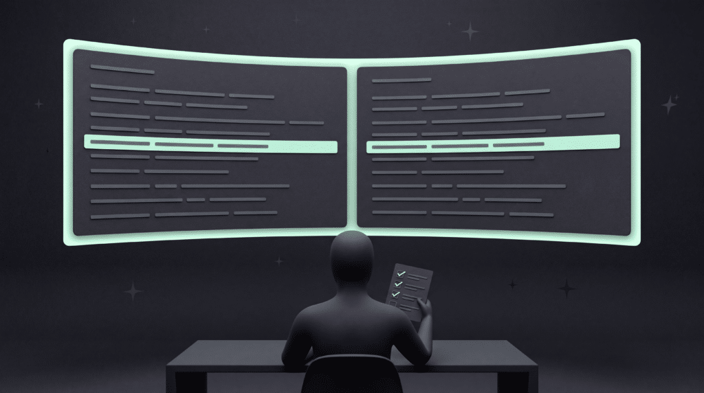 A faceless figure at a desk with two help-centre pages open side by side on one wide screen, ticking lines on a checklist lit in pale mint