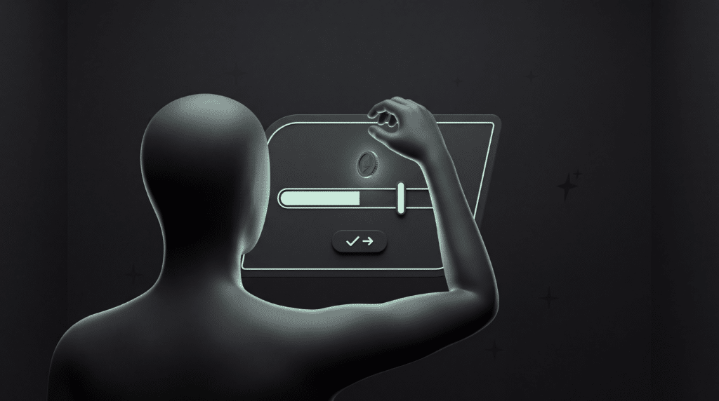 A faceless figure adding funds to a balance bar on a settings screen, the bar part filled in pale mint with a small coin dropping in