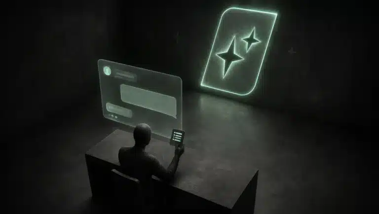 Faceless figure at a desk facing one large floating chat panel, holding a small scorecard with 5 pale mint bars, the AI visibility audit that scores whether AI knows your brand