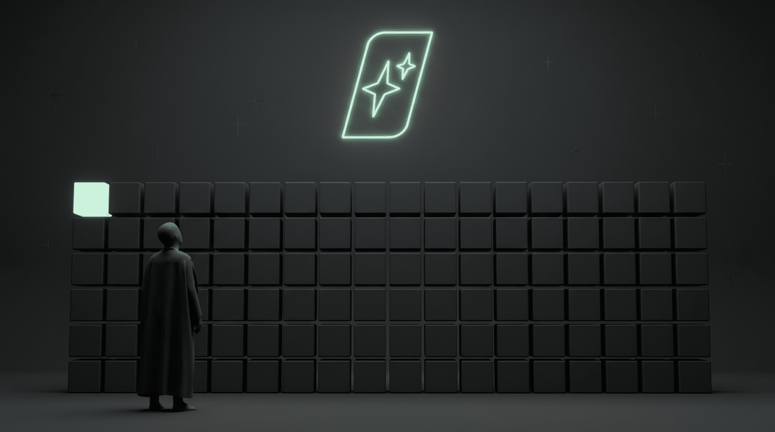 Faceless figure before a wall of floating AI answer panels with the First Movers mark glowing in pale mint neon, charcoal void room. Referencing generative engine optimization.