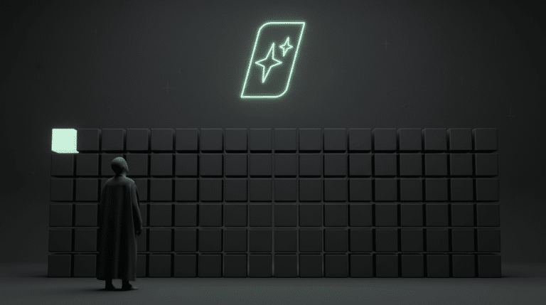 Faceless figure before a wall of floating AI answer panels with the First Movers mark glowing in pale mint neon, charcoal void room. Referencing generative engine optimization.