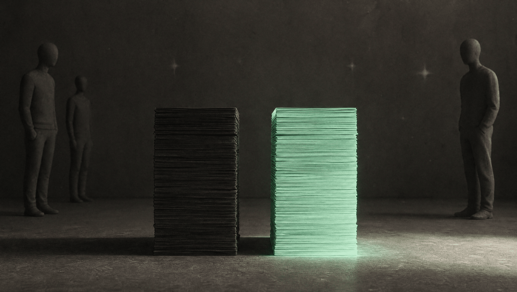 Two tall stacks of printed pages of exactly equal height side by side on a floor, one lit in mint, picturing AI written and human written articles at half each.