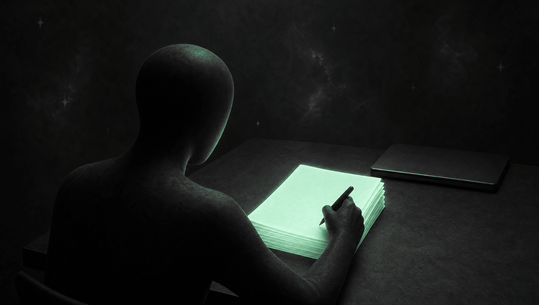 A faceless figure at a desk writing on a thick document that glows mint, with a closed laptop pushed to one side, picturing the brief written before the prompt.
