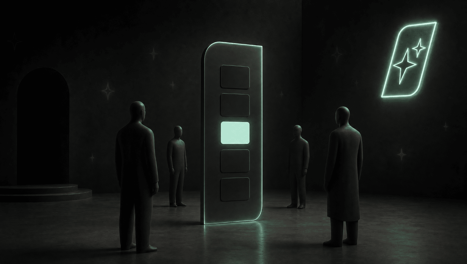 A tall phone-shaped slab standing in a dark room showing five identical post cards stacked down its face, one lit mint, the opening image for the AI slop post.