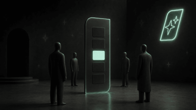 A tall phone-shaped slab standing in a dark room showing five identical post cards stacked down its face, one lit mint, the opening image for the AI slop post.