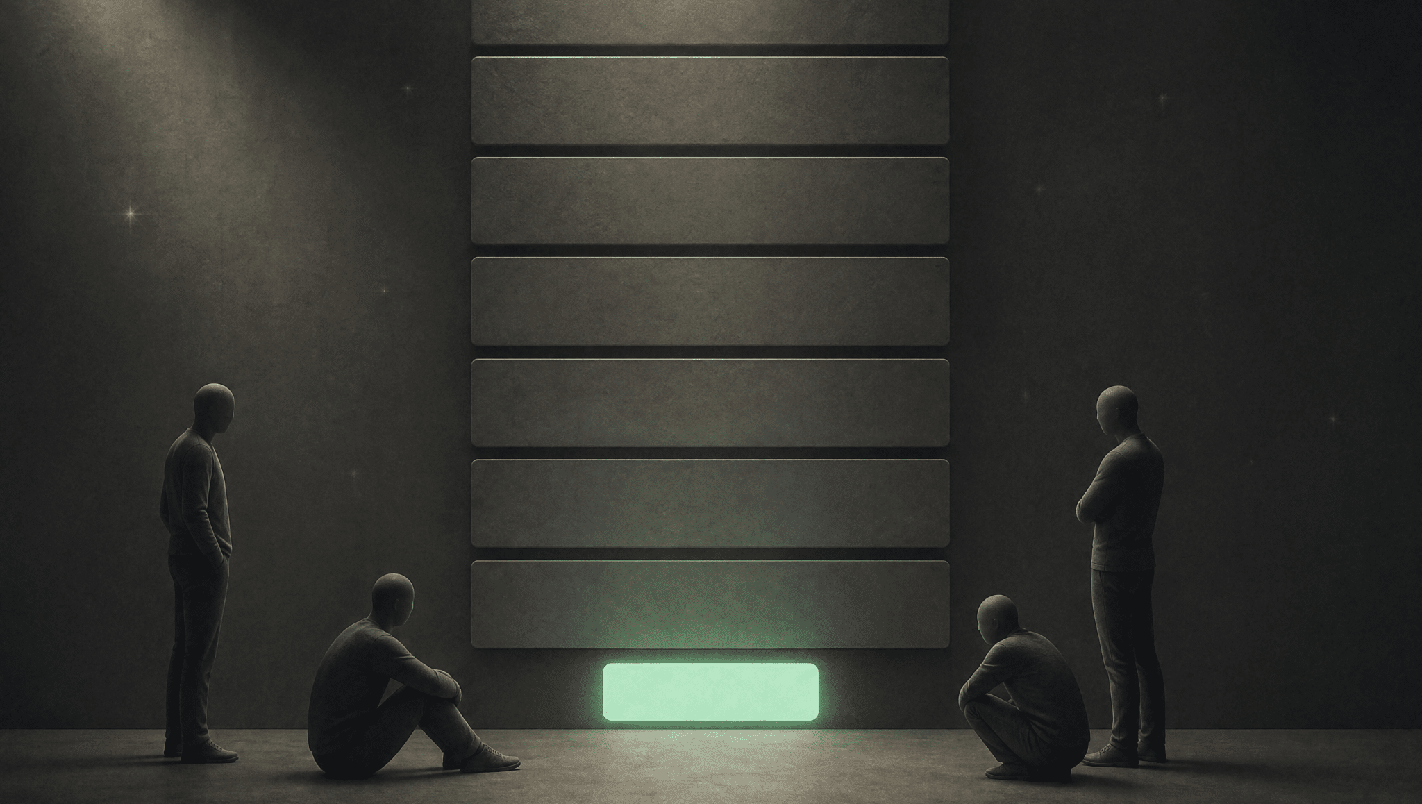 A wall of identical rectangular blocks stacked in a column with one short mint block breaking the pattern, picturing paragraphs that are all the same size.