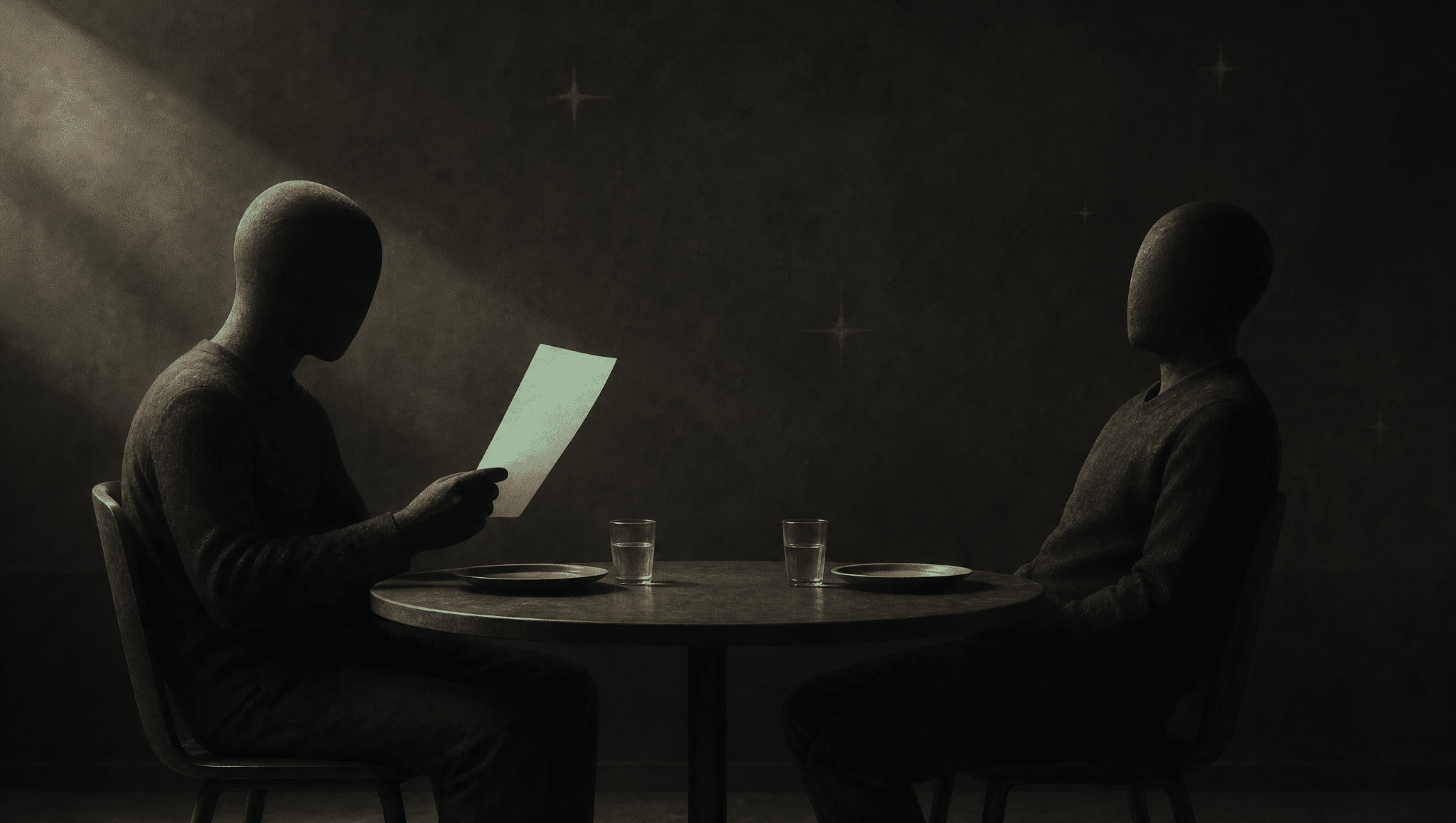 Two faceless figures at a dinner table, one reading from a sheet of paper that glows mint, picturing the read-it-aloud test for AI slop words.